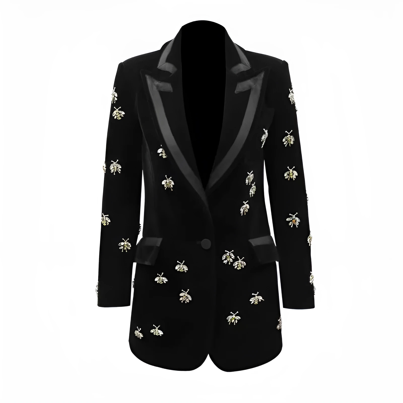 Black velvet blazer with animal print pattern, cashmere blend, slim fit, suit collar, long sleeves