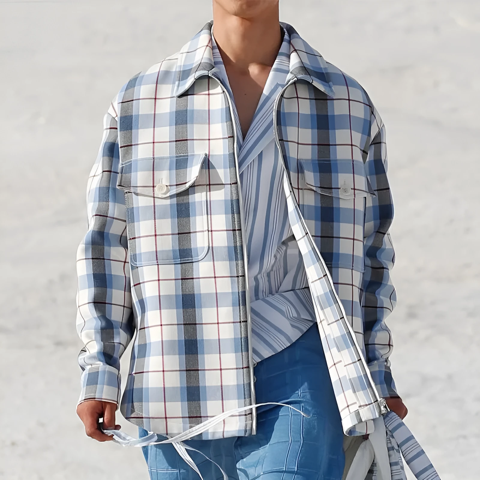 Men's slim fit long sleeve plaid shirt in blue plaid with lapel collar on a hanger