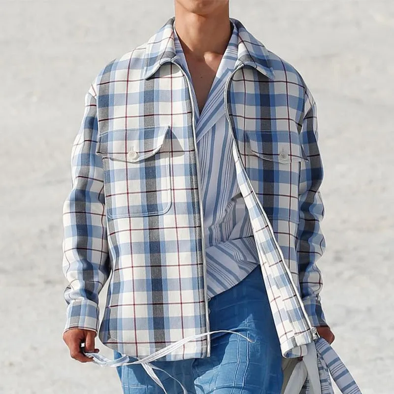 Men's slim fit long sleeve plaid shirt in blue plaid with lapel collar on a hanger