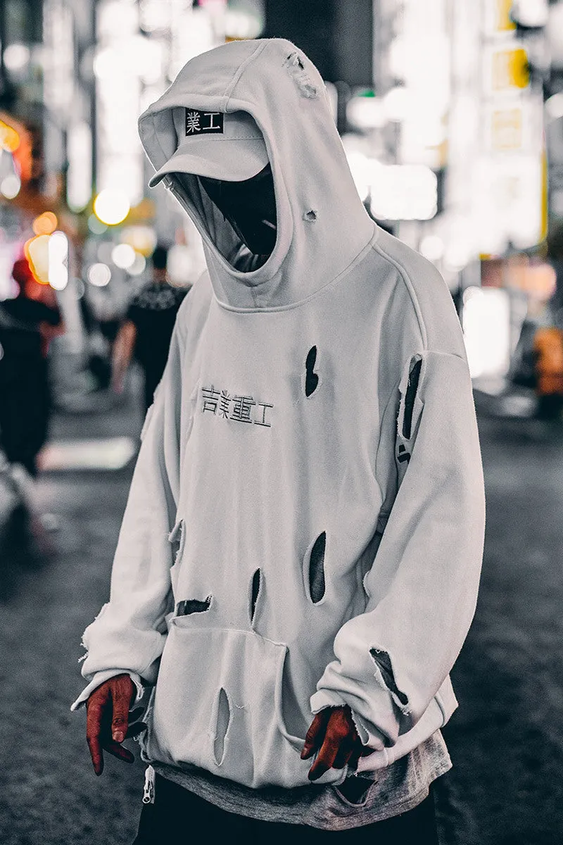 White loose ripped hoodie for men with hooded collar and distressed holes, autumn casual wear