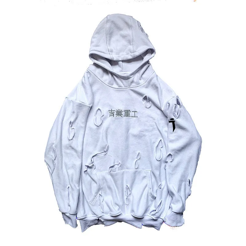 White loose ripped hoodie for men with hooded collar and distressed holes, autumn casual wear