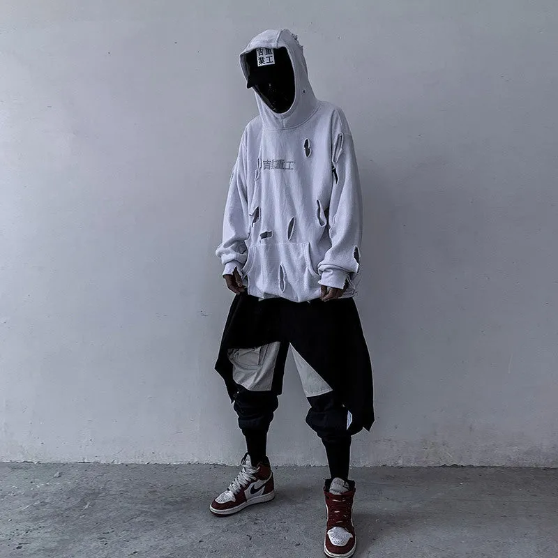White loose ripped hoodie for men with hooded collar and distressed holes, autumn casual wear