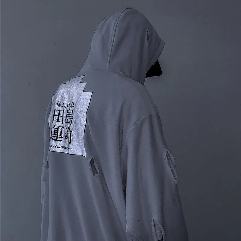 White loose ripped hoodie for men with hooded collar and distressed holes, autumn casual wear