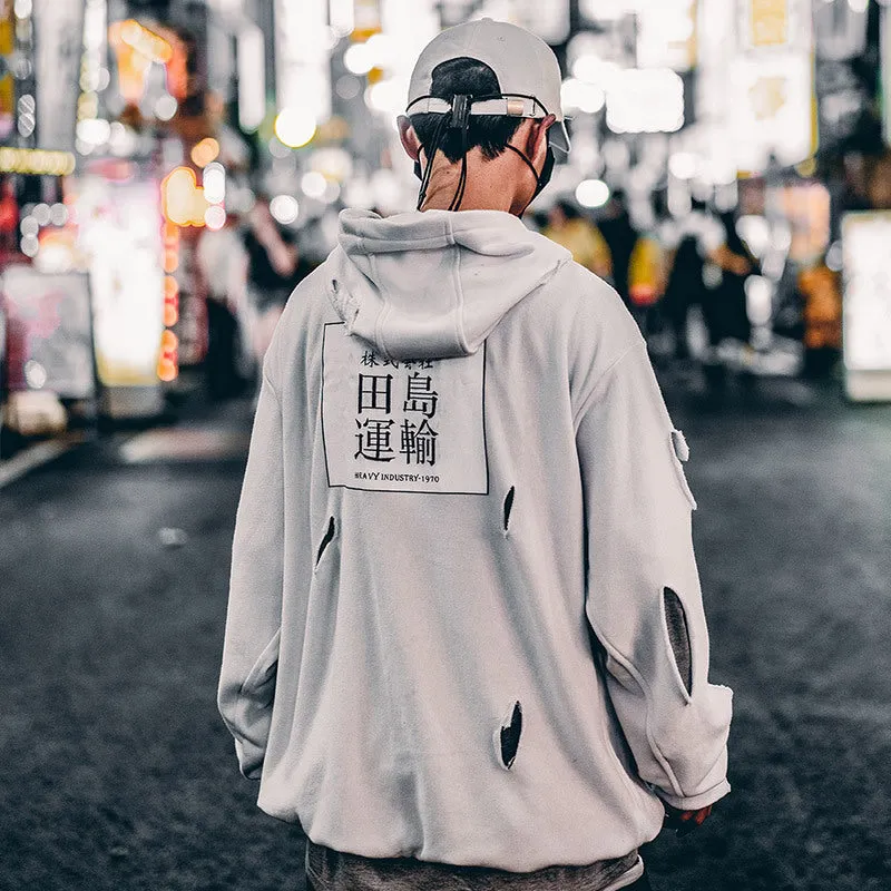 White loose ripped hoodie for men with hooded collar and distressed holes, autumn casual wear