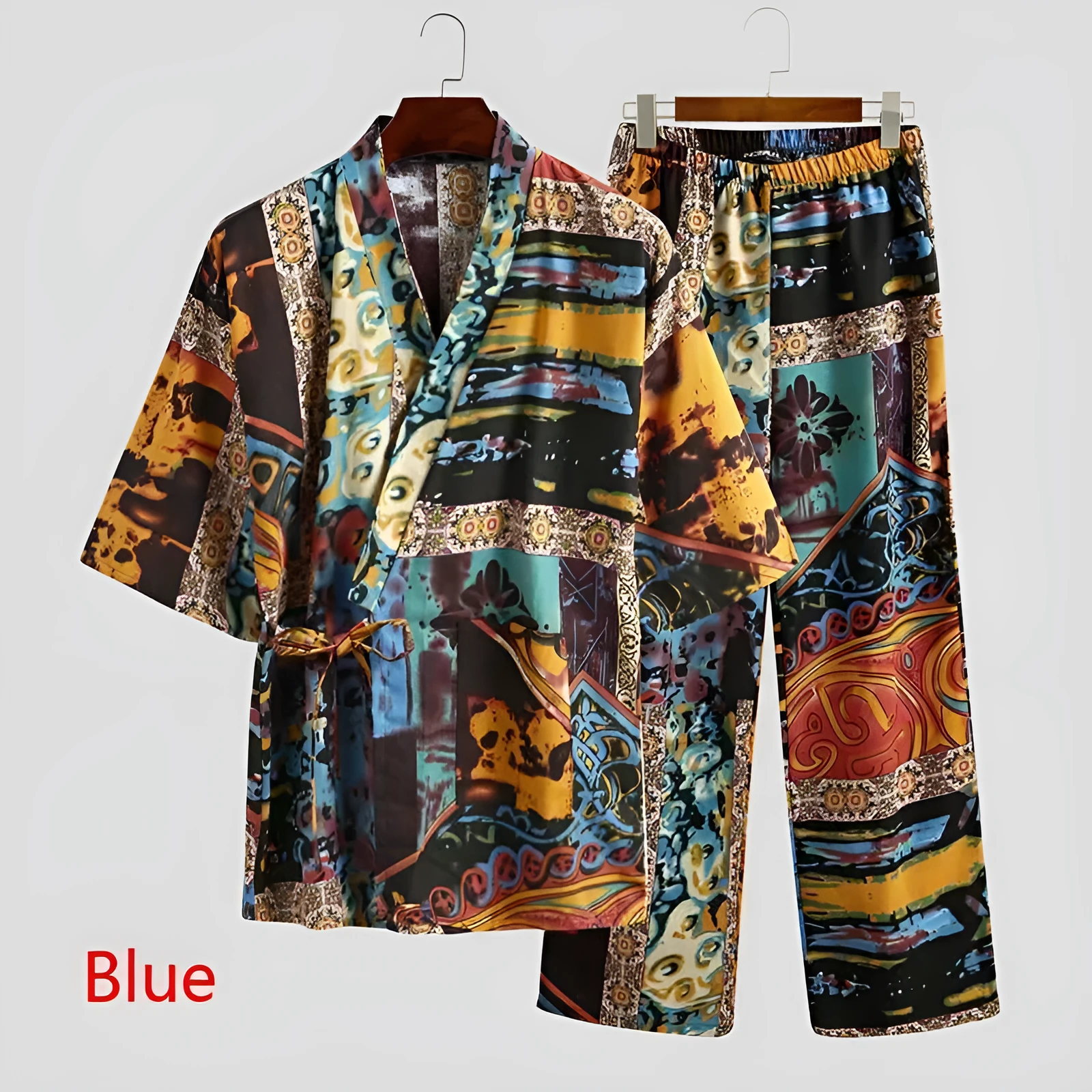 Men's blue 100% cotton half sleeve V-neck lace-up pajama set with pocket