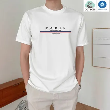 A loose-fit men's short-sleeve T-shirt with a printed letter design, shown in apricot colour.