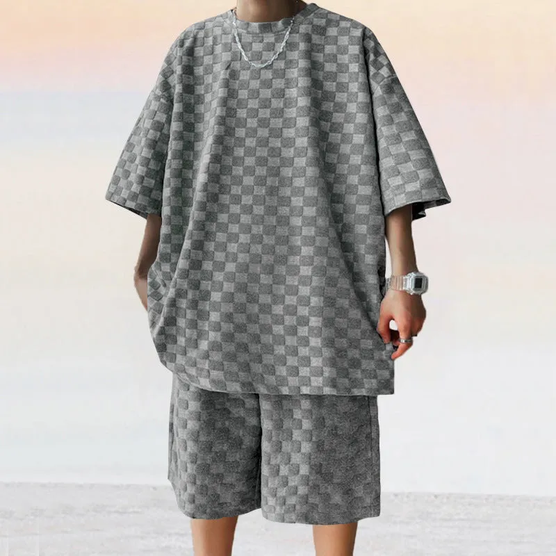 Women's cotton blend plaid jacquard loose straight shorts suit in dark gray, front view