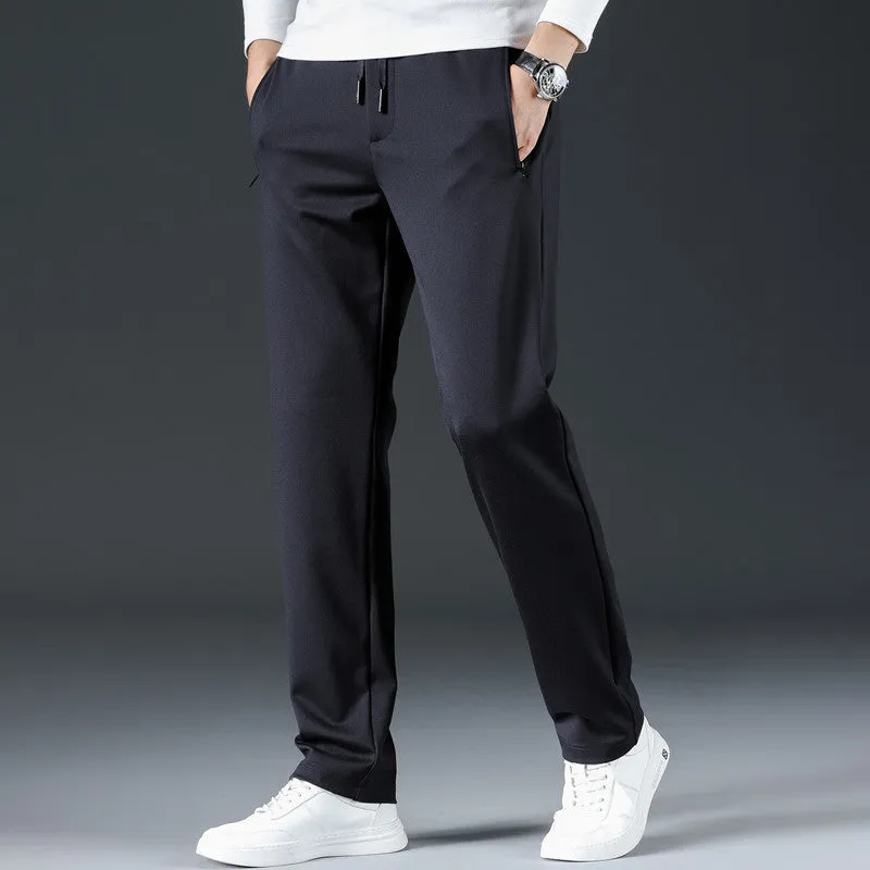Men's loose straight business trousers in solid color gray with drawstring waist and straight leg