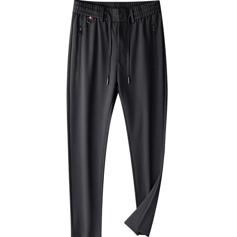 Men's loose straight business trousers in solid color gray with drawstring waist and straight leg