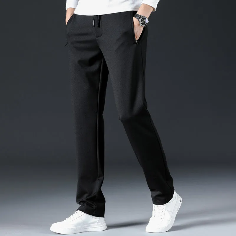 Men's loose straight business trousers in solid color gray with drawstring waist and straight leg