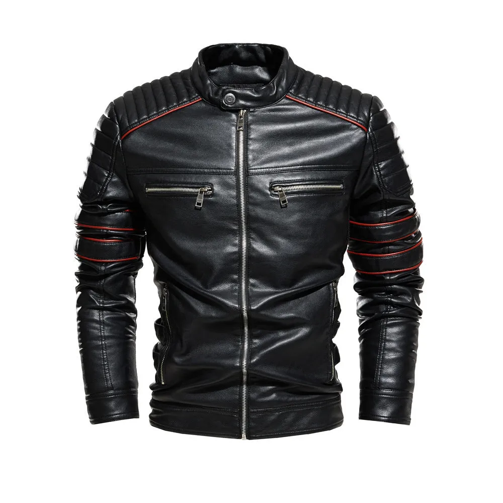 Men motorcycle suit and fleece leather jacket with stand-up collar and velvet lining in black, brown, and red colours