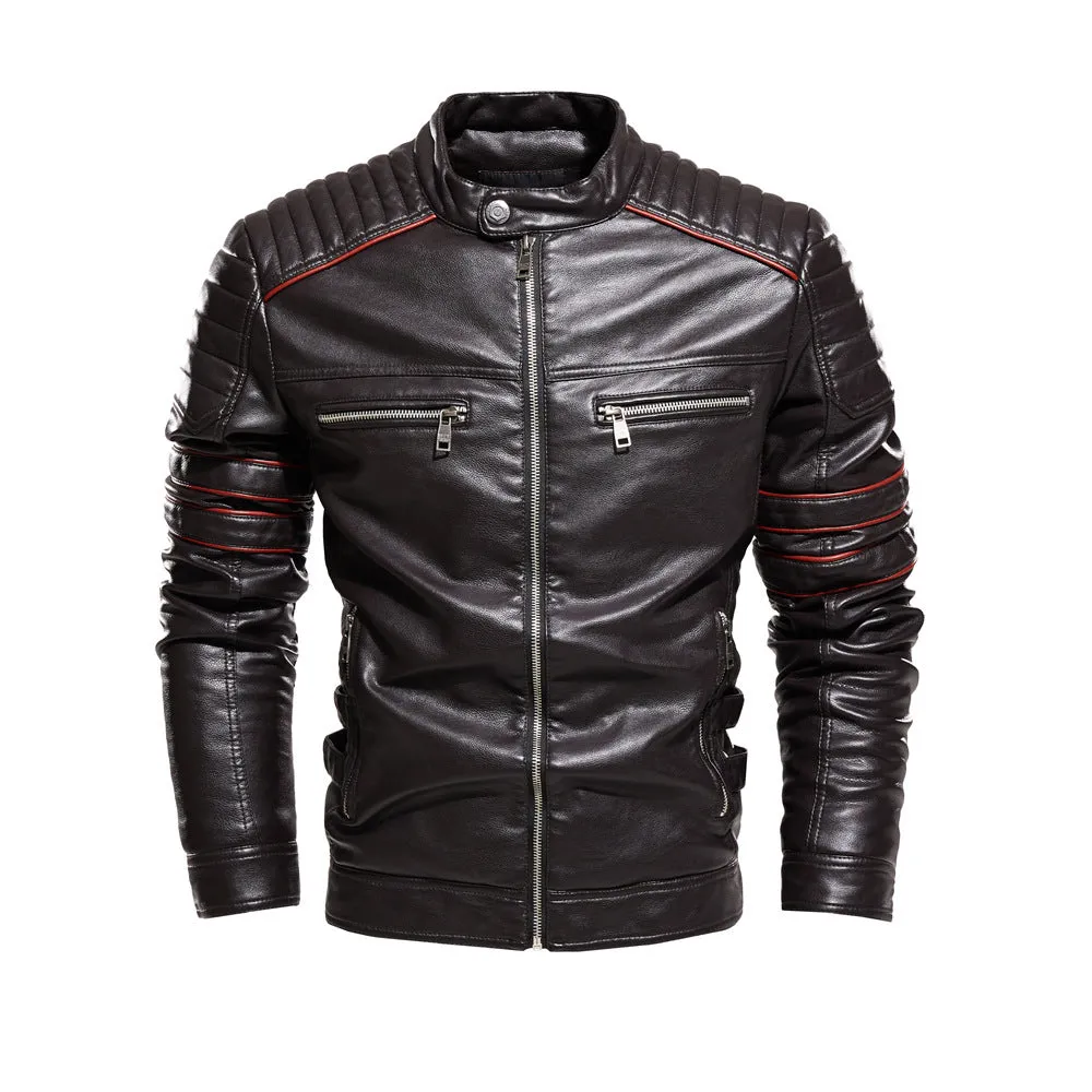 Men motorcycle suit and fleece leather jacket with stand-up collar and velvet lining in black, brown, and red colours