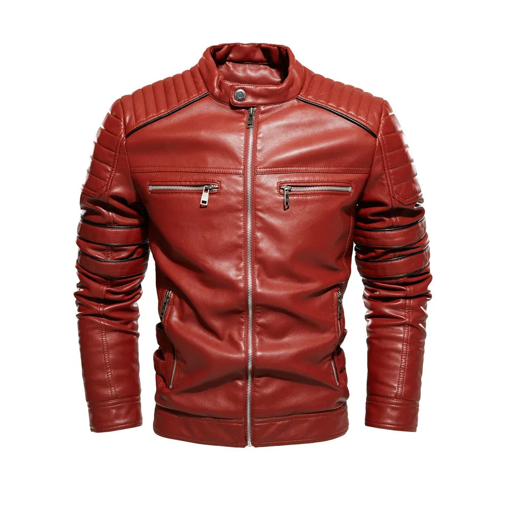Men motorcycle suit and fleece leather jacket with stand-up collar and velvet lining in black, brown, and red colours