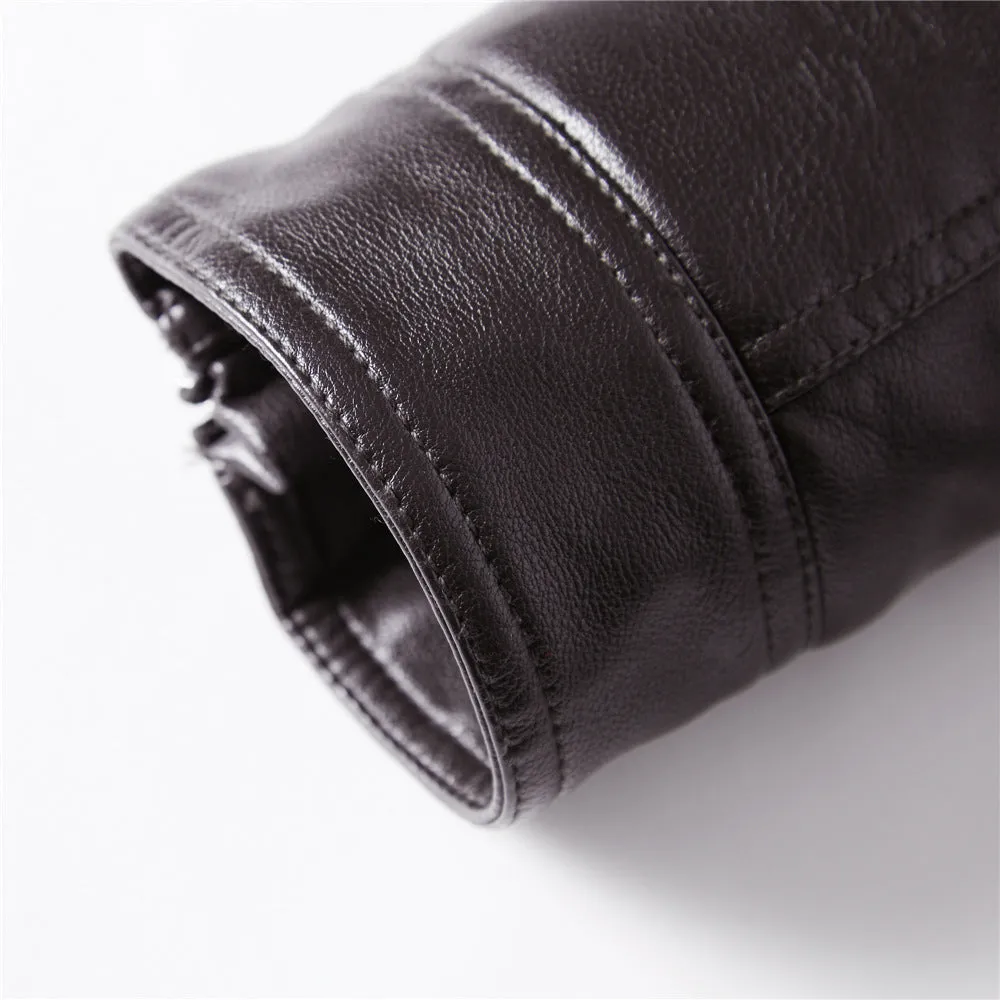 Men motorcycle suit and fleece leather jacket with stand-up collar and velvet lining in black, brown, and red colours
