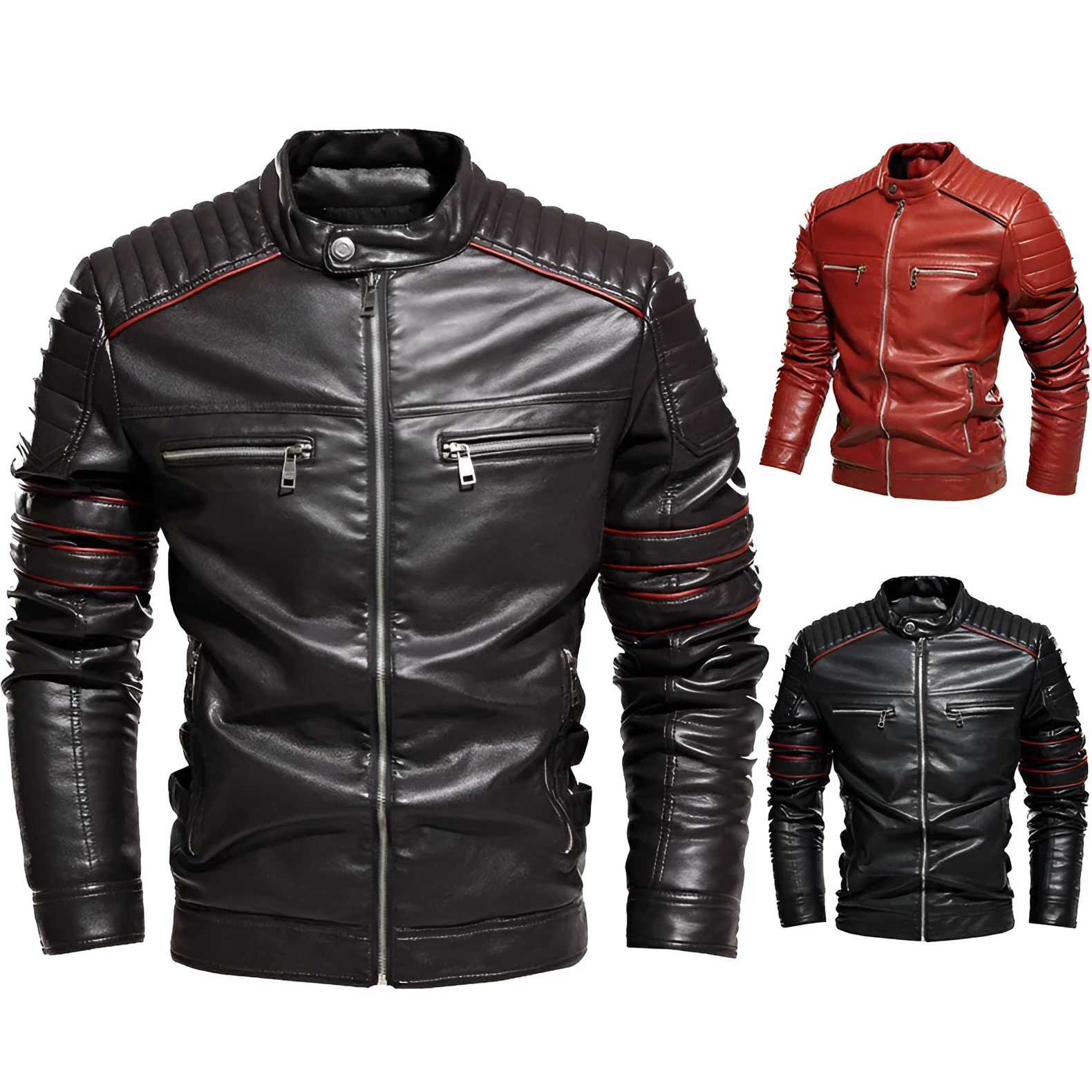 Men motorcycle suit and fleece leather jacket with stand-up collar and velvet lining in black, brown, and red colours