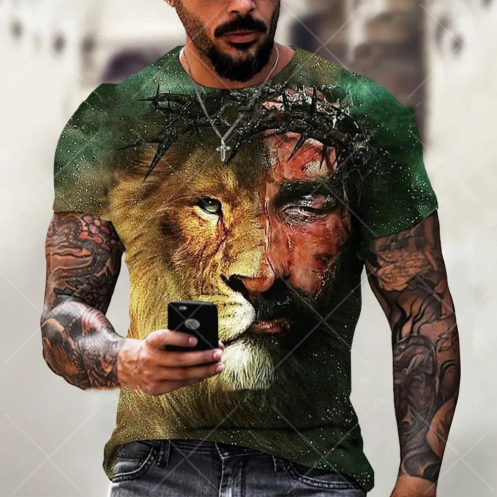 Men's grey t-shirt featuring a 3D printed Jesus pattern on the chest, made from polyester bird eye cloth.