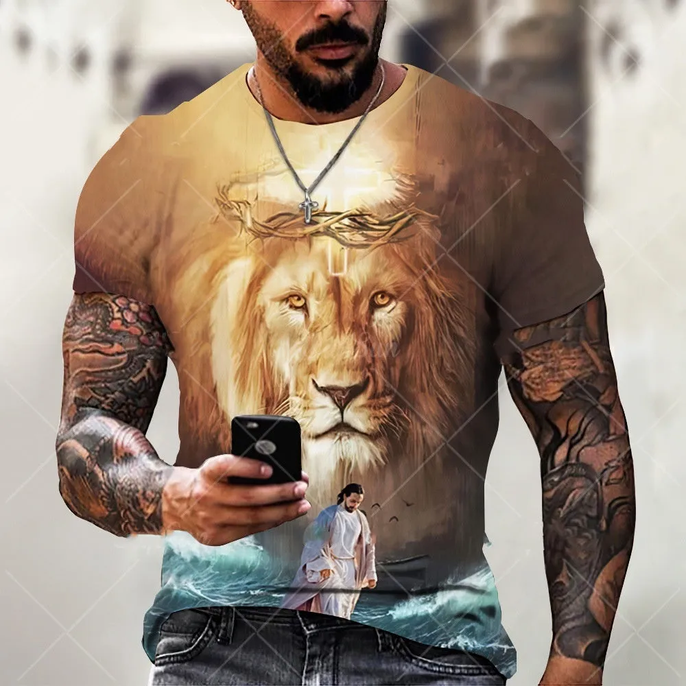 Men's grey t-shirt featuring a 3D printed Jesus pattern on the chest, made from polyester bird eye cloth.