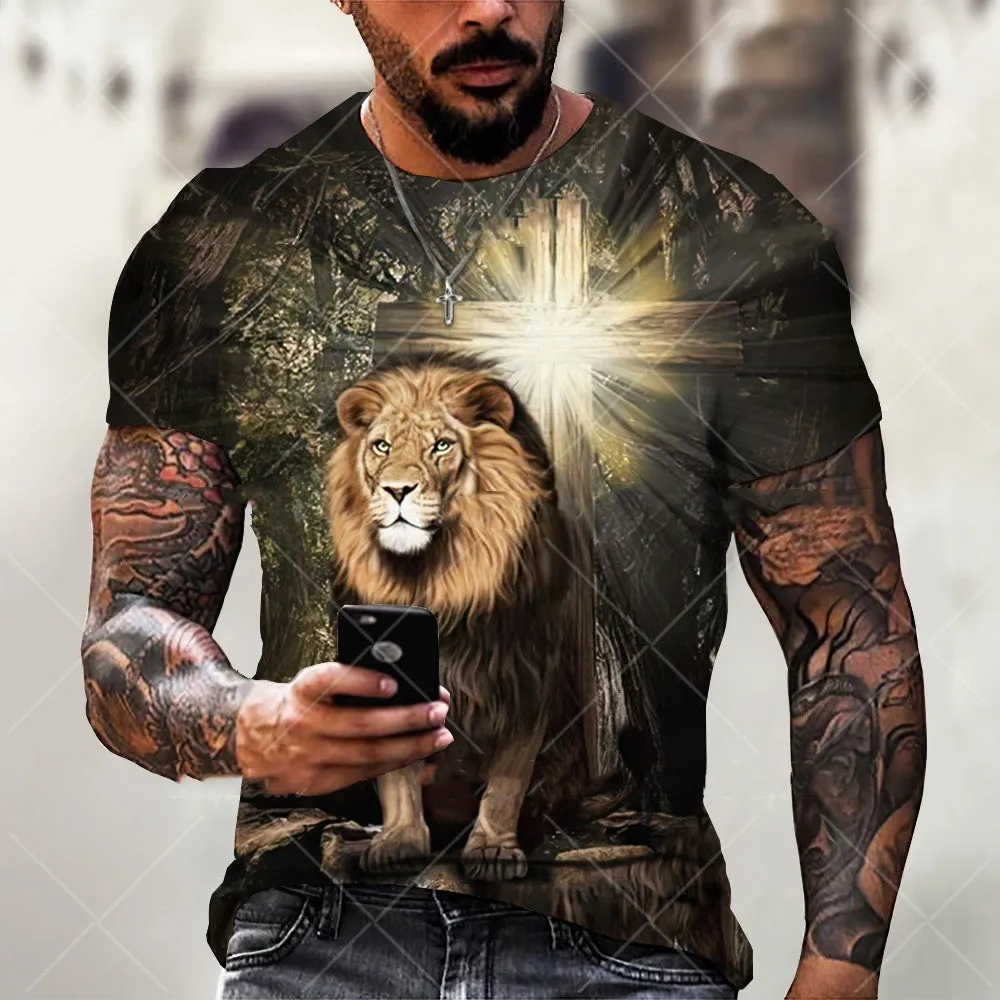 Men's grey t-shirt featuring a 3D printed Jesus pattern on the chest, made from polyester bird eye cloth.