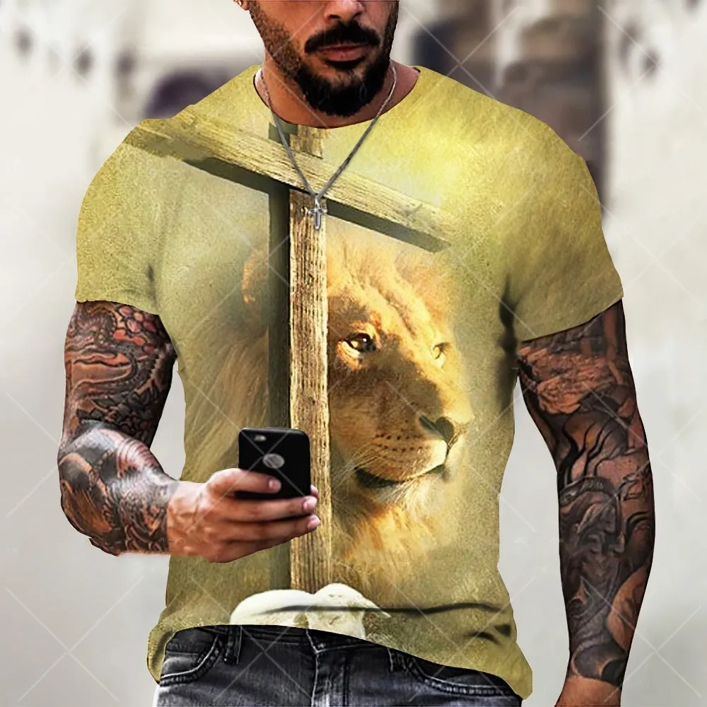Men's grey t-shirt featuring a 3D printed Jesus pattern on the chest, made from polyester bird eye cloth.