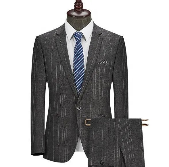 Men's casual striped two-piece business suit in grey, flat collar, back slit, button decoration, sizes S-4XL