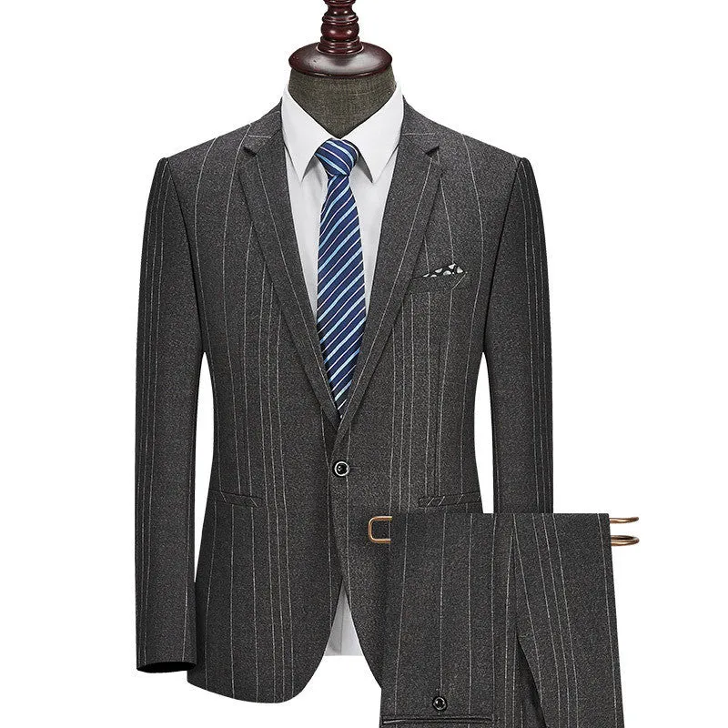 Men's casual striped two-piece business suit in grey, flat collar, back slit, button decoration, sizes S-4XL