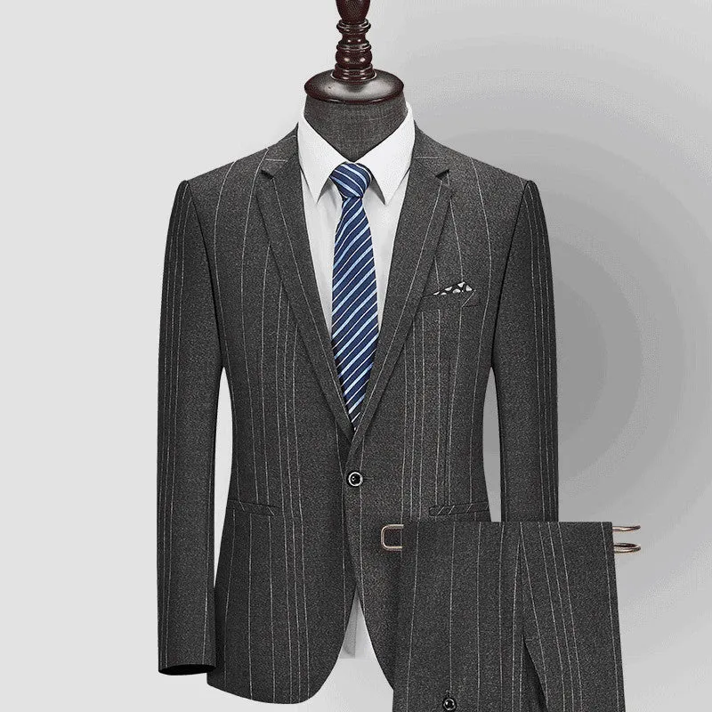 Men's casual striped two-piece business suit in grey, flat collar, back slit, button decoration, sizes S-4XL