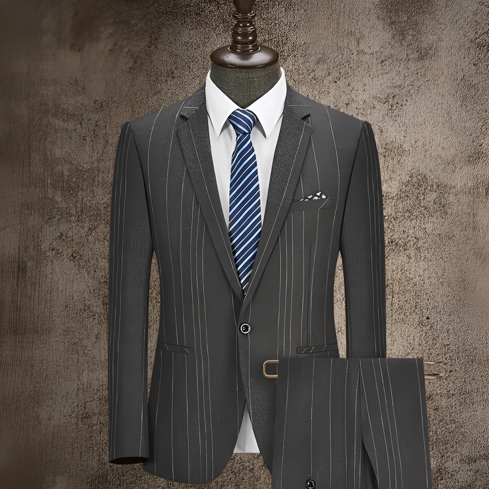 Men's casual striped two-piece business suit in grey, flat collar, back slit, button decoration, sizes S-4XL
