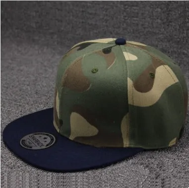 Camouflage cotton polyester flat brim snapback baseball cap with adjustable closure