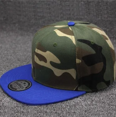 Camouflage cotton polyester flat brim snapback baseball cap with adjustable closure