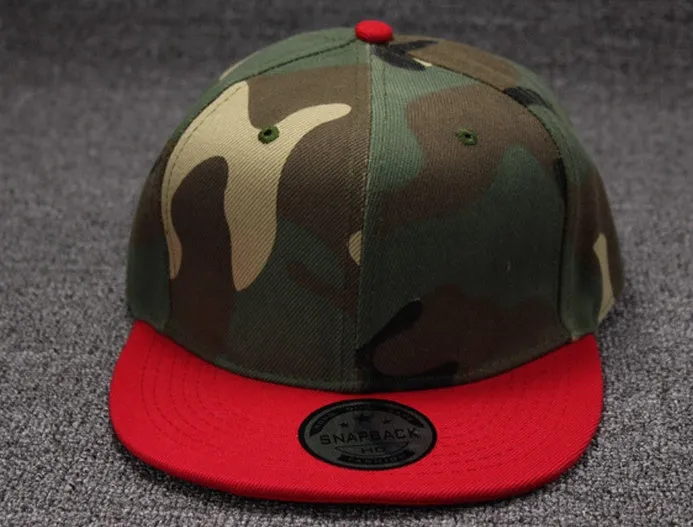 Camouflage cotton polyester flat brim snapback baseball cap with adjustable closure