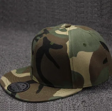 Camouflage cotton polyester flat brim snapback baseball cap with adjustable closure
