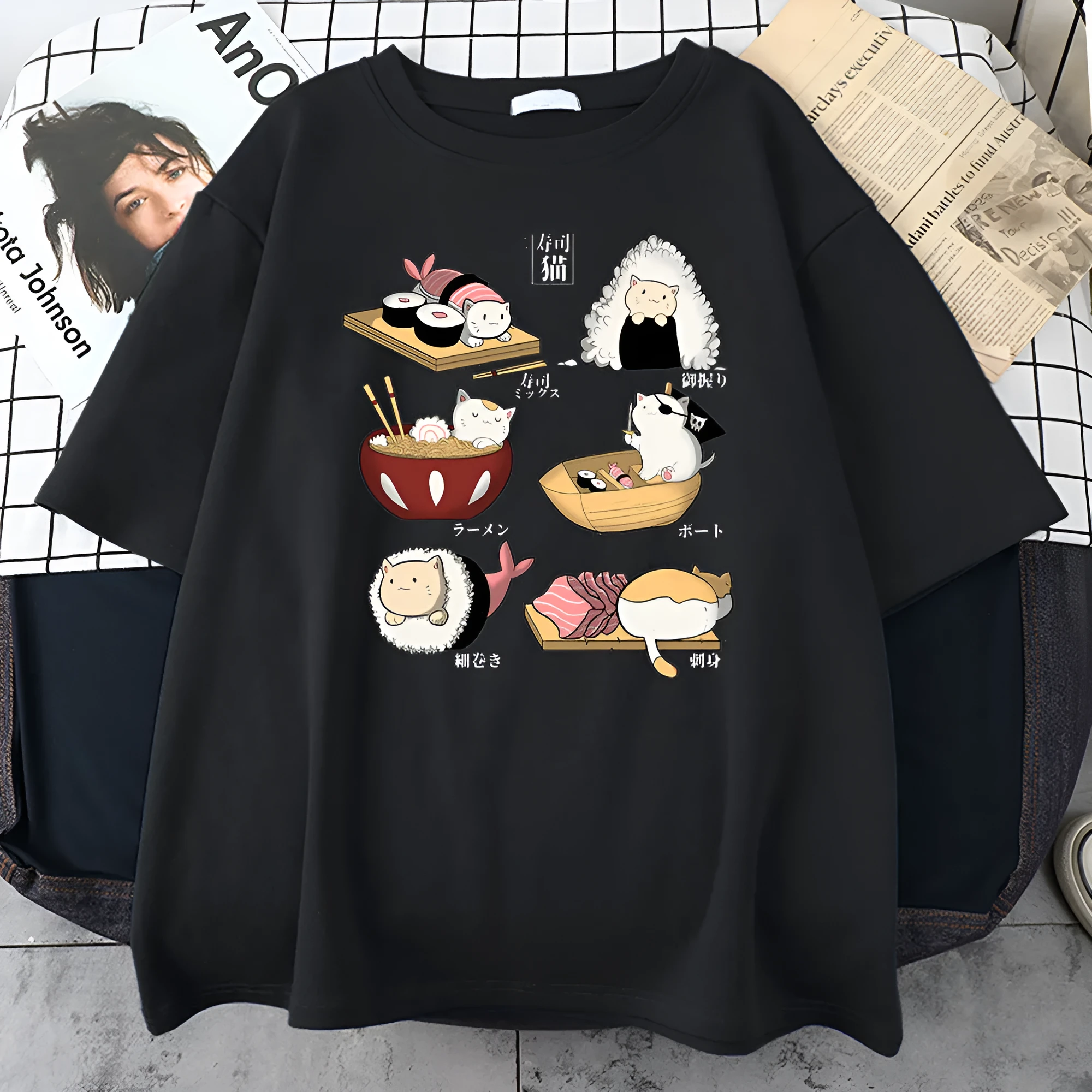 Men's loose fit cotton t-shirt with cat sushi cartoon print in various solid colours