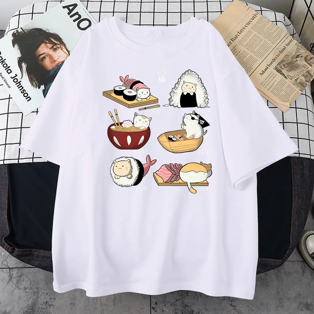 Men's loose fit cotton t-shirt with cat sushi cartoon print in various solid colours