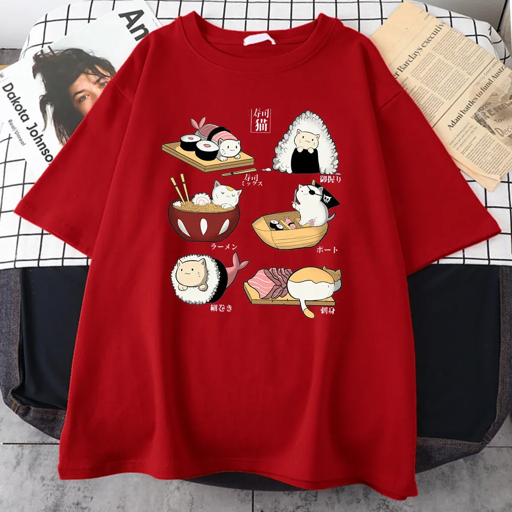 Men's loose fit cotton t-shirt with cat sushi cartoon print in various solid colours
