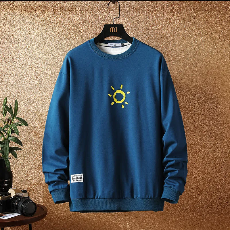 Japanese Autumn New Style Casual Printing Plus Size Sweater for Young Men Loose Long-sleeved Round Neck