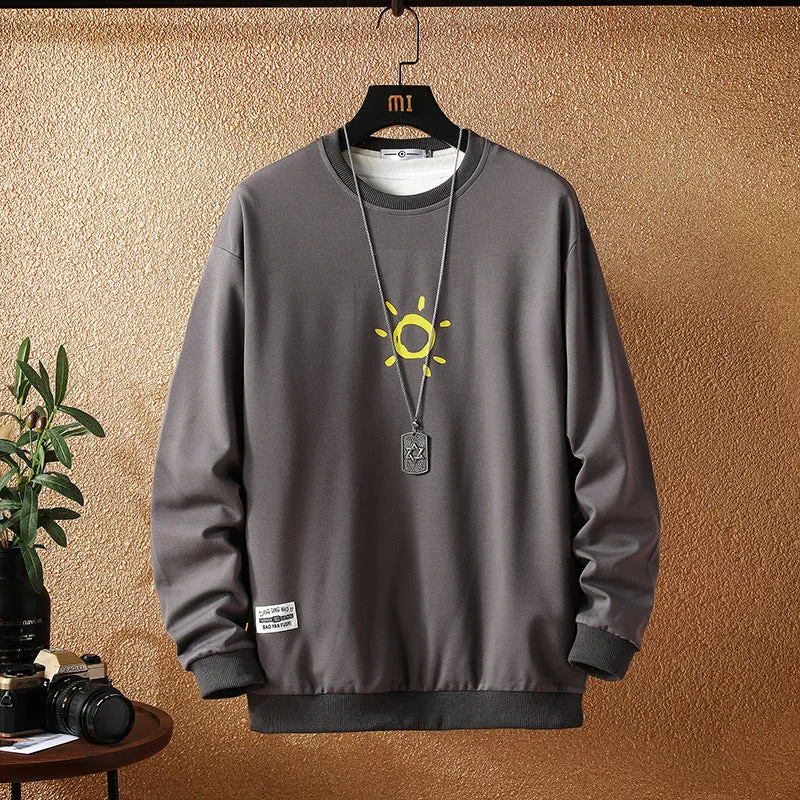 Japanese Autumn New Style Casual Printing Plus Size Sweater for Young Men Loose Long-sleeved Round Neck