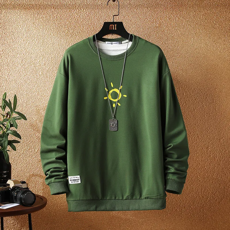 Japanese Autumn New Style Casual Printing Plus Size Sweater for Young Men Loose Long-sleeved Round Neck