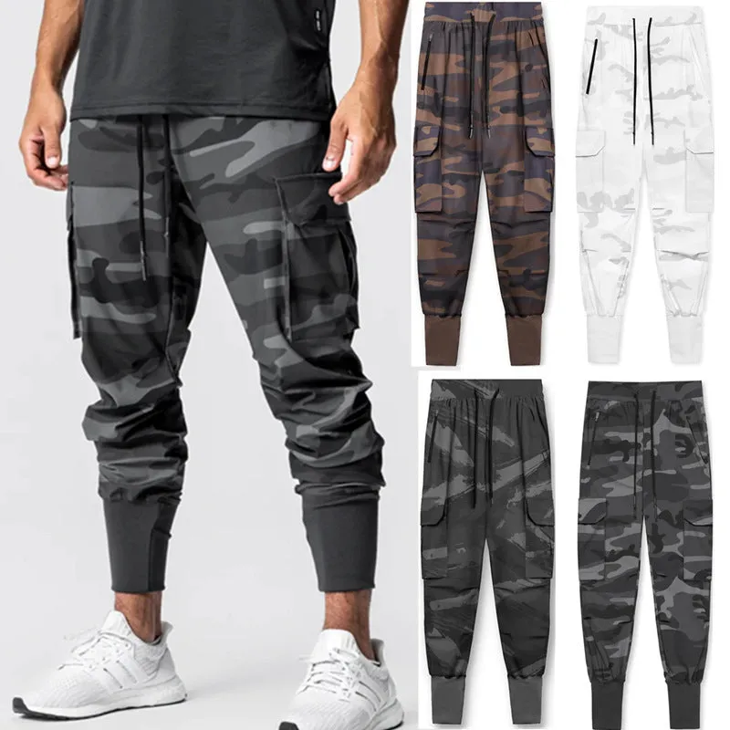 Men's camo woven fitness leggings in black camouflage, loose thin fabric for gym and running