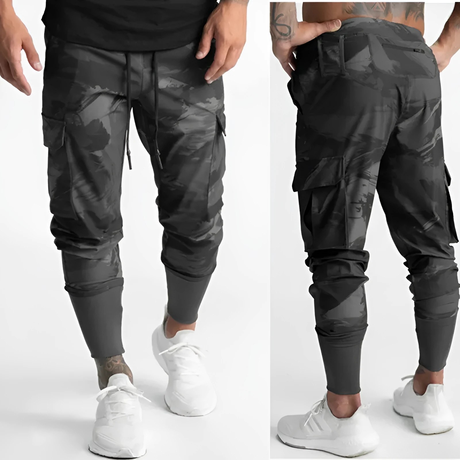 Men's camo woven fitness leggings in black camouflage, loose thin fabric for gym and running