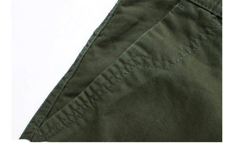Khaki cotton loose fit multi-pocket trousers overalls with straight leg and zipper placket