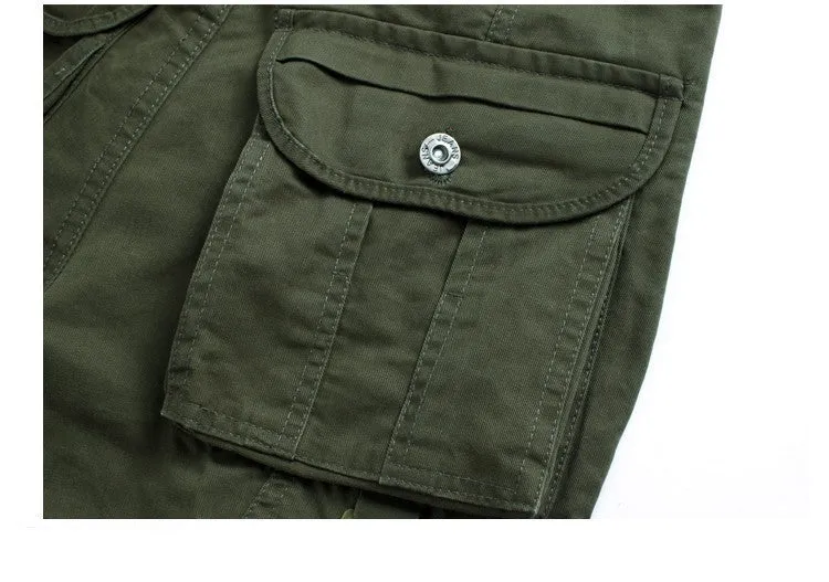 Khaki cotton loose fit multi-pocket trousers overalls with straight leg and zipper placket
