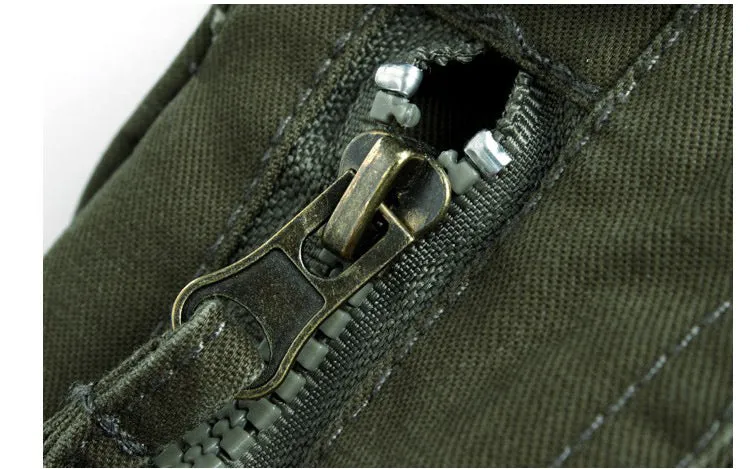 Khaki cotton loose fit multi-pocket trousers overalls with straight leg and zipper placket