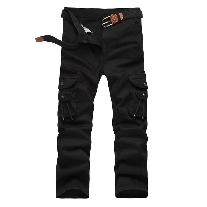 Khaki cotton loose fit multi-pocket trousers overalls with straight leg and zipper placket