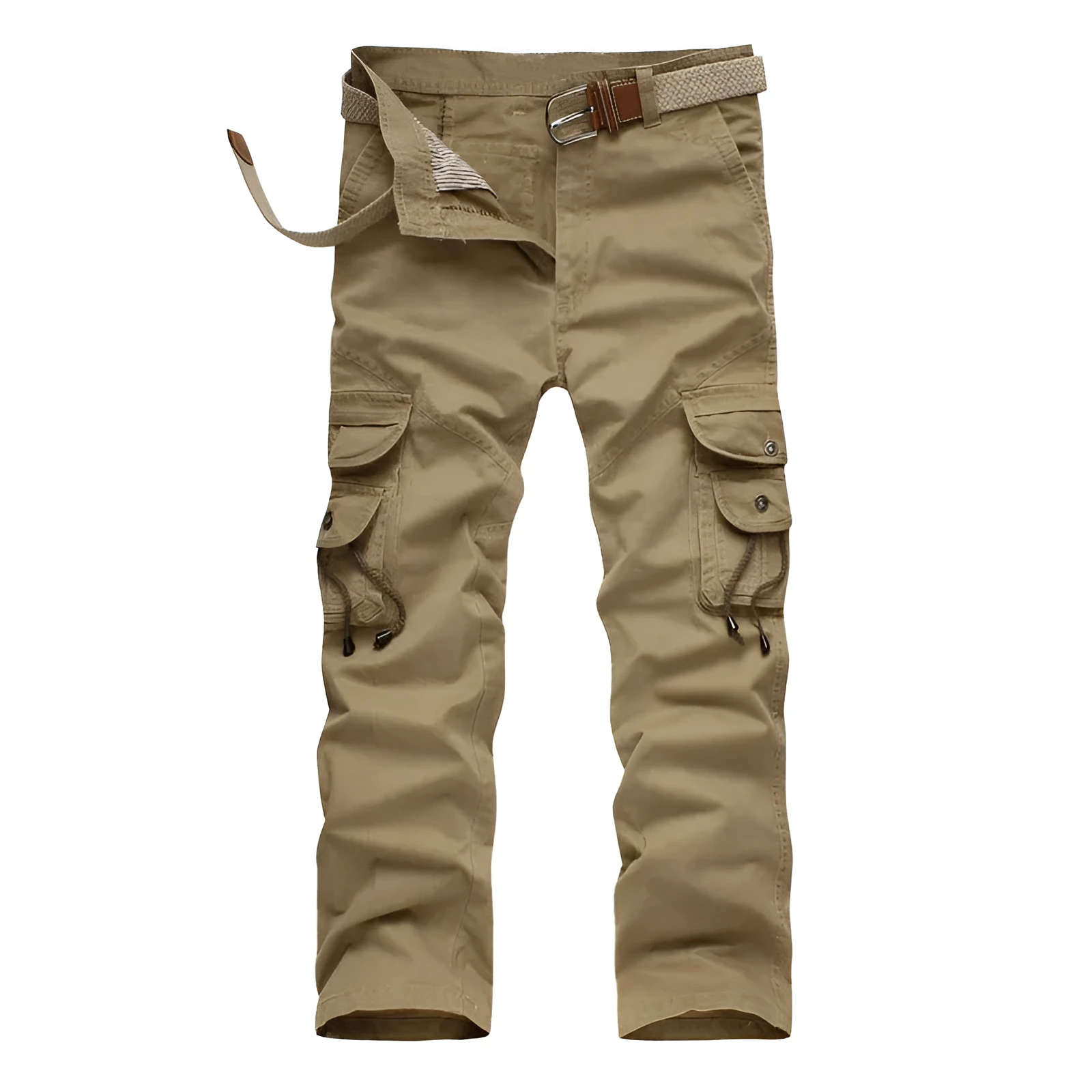 Khaki cotton loose fit multi-pocket trousers overalls with straight leg and zipper placket