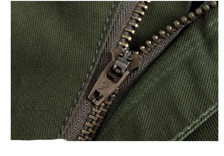 Khaki cotton loose fit multi-pocket trousers overalls with straight leg and zipper placket