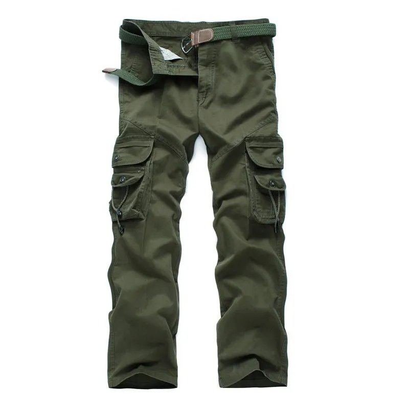 Khaki cotton loose fit multi-pocket trousers overalls with straight leg and zipper placket