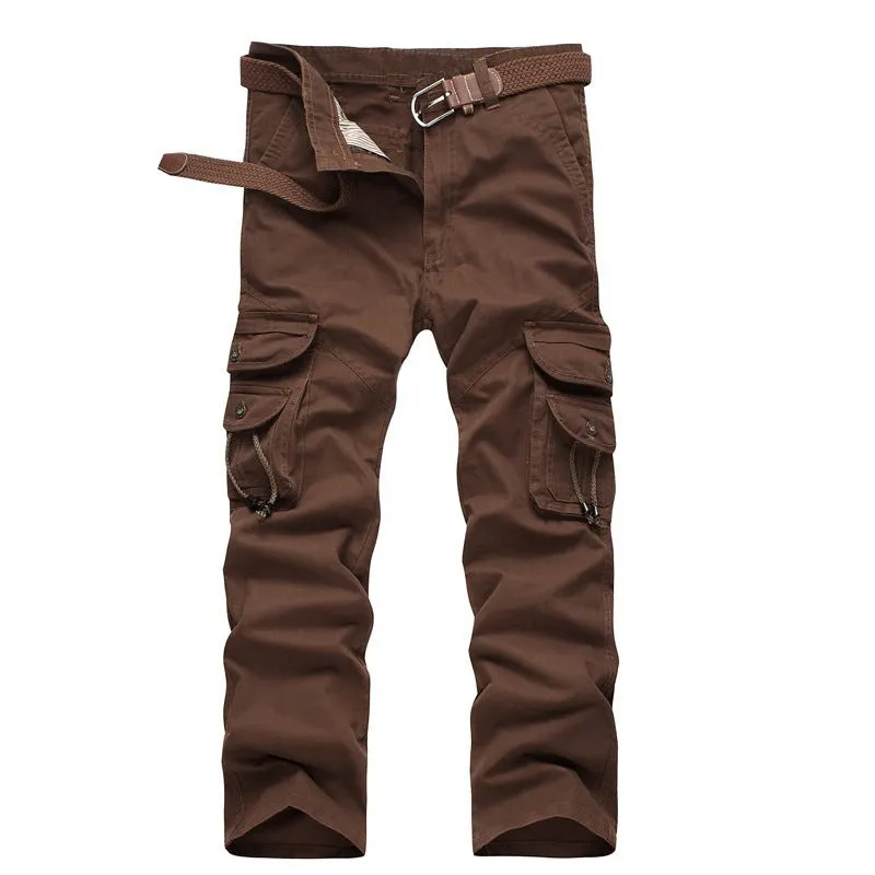 Khaki cotton loose fit multi-pocket trousers overalls with straight leg and zipper placket