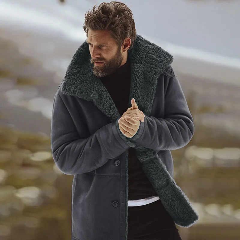 Men's cotton winter jacket with sanded finish, lapel collar, plain pattern, army green colour