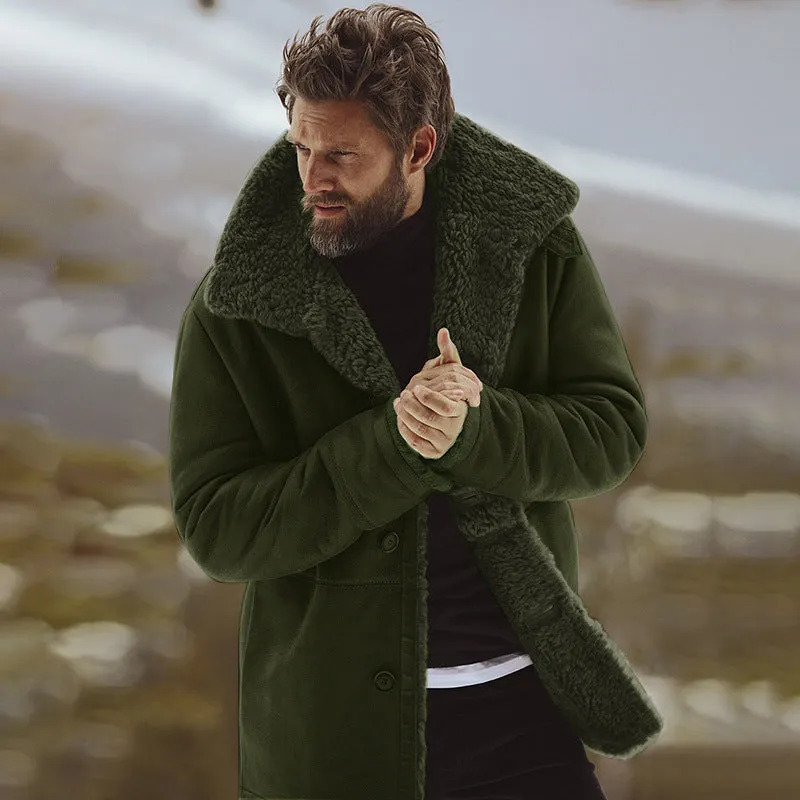 Men's cotton winter jacket with sanded finish, lapel collar, plain pattern, army green colour