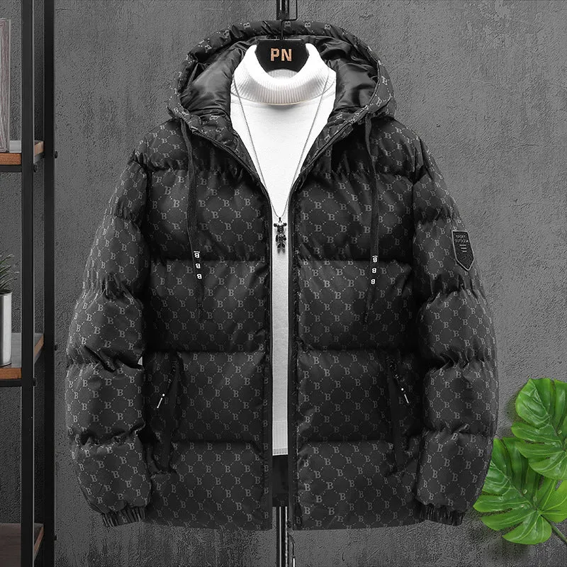 Men's winter casual hooded cotton coat in black, thickened padded cardigan style with side seam pockets